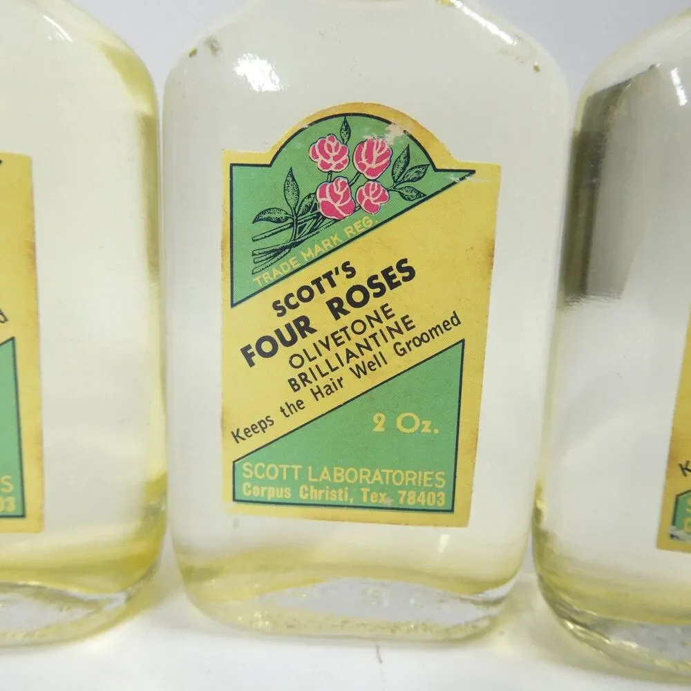 Scott’s Four Roses Brilliantine Hair Styling Oil NOS Vintage 2oz Bottles x5